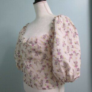NWT 70°F/21°C Floral Tie-Back Lantern Sleeve Cottage Fairy Top- Beige L/10